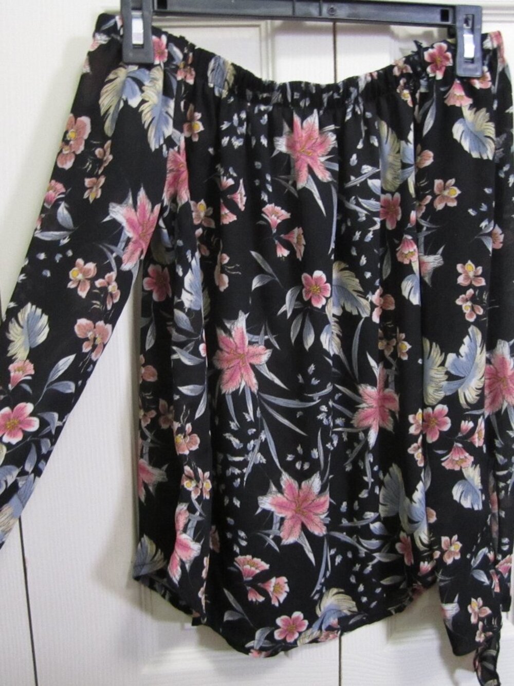 Women's Black Floral Off-Shoulder Blouse with Pink Bloom
